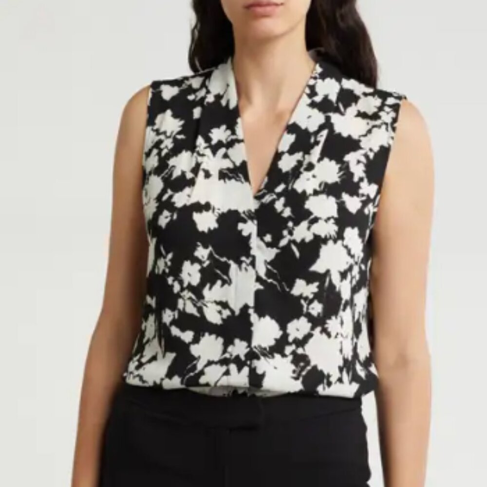 V-Neck Sleeveless Black Ivory Floral Shell